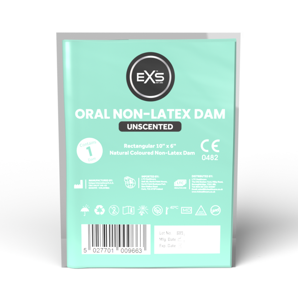 Mint green packaging of an EXS oral non-latex dam on a white background 